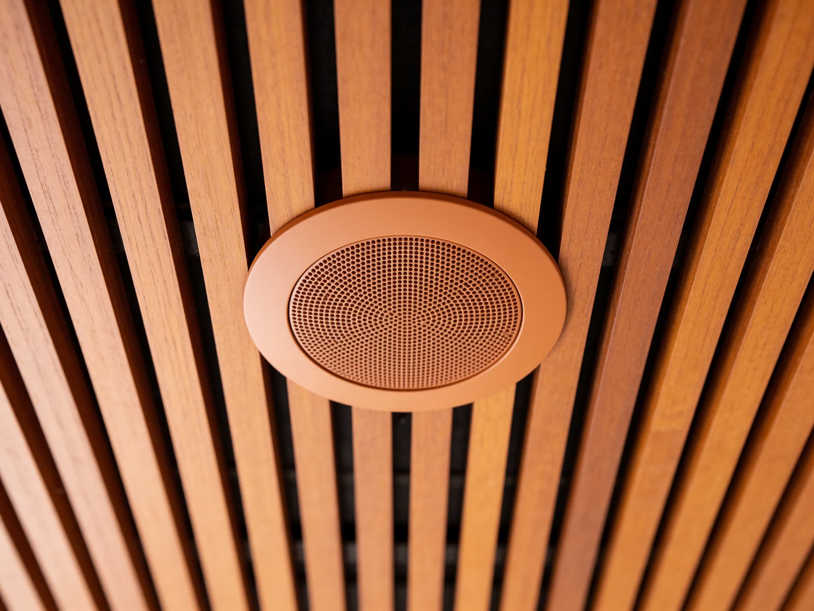 Bocina empotrada al ras del techo de listones de madera